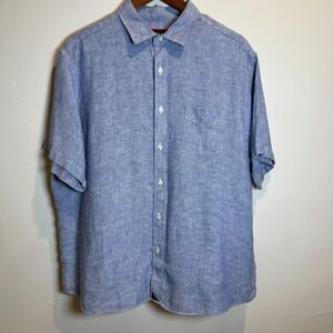 Untuckit Valente WR Blue Chambray Linen Short Sleeve Button Up Shirt Size Large